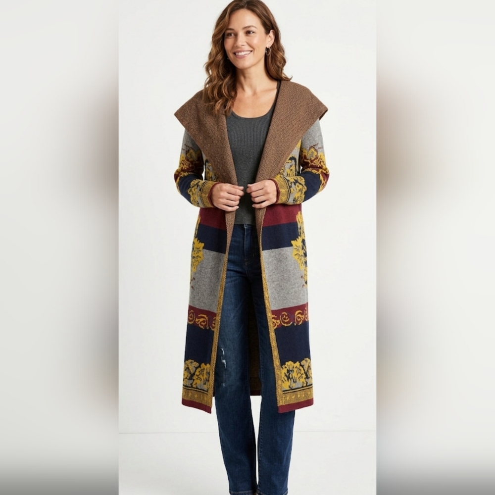 Maxsport Bohemian Hooded Cardigan with Floral Patterns,        Size XS.
